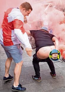 A YOB filmed putting a lit flare up bum strolled into Wembley, drank 20 ciders