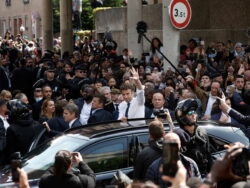 Macron targeted by tomatoes on first public appearance after re-election