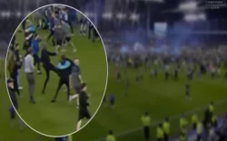 Patrick Vieira kicks fan during pitch invasion after Crystal Palace defeat by Everton