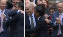 Embarrassing moment Sunak dodges Matt Hancock hug as Tory MPs congratulate Rishi