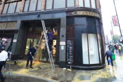 Front windows at Harrods sprayed with orange paint by Just Stop Oil protesters