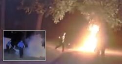 Moment biker Tased by cops ignites into flames