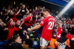 Antony taunts Chelsea midfielder Jorginho during Manchester United’s celebrations after Casemiro injury-time equaliser