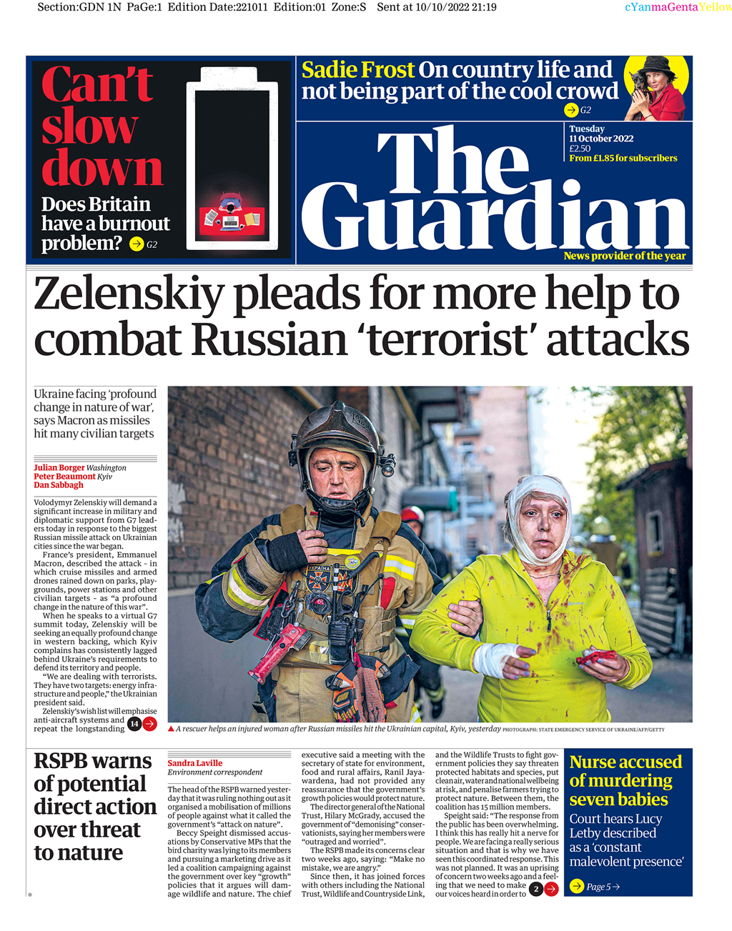 The Guardian - Zelensky pleads for more help to combat Russian ‘terrorist’ attacks 