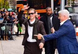 Brad Pitt suave in brown suit as he works the crowd at special screening for divisive new movie Babylon