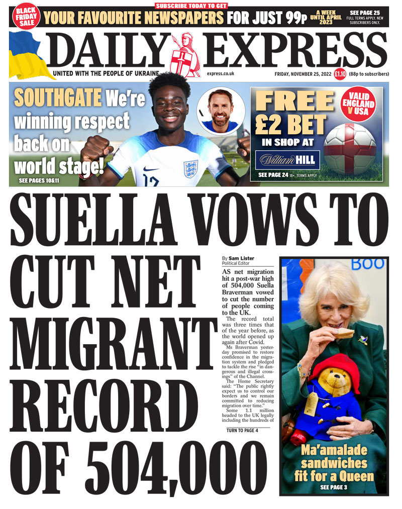 Daily Express - Suella vows to cut net migrant record of 504,000