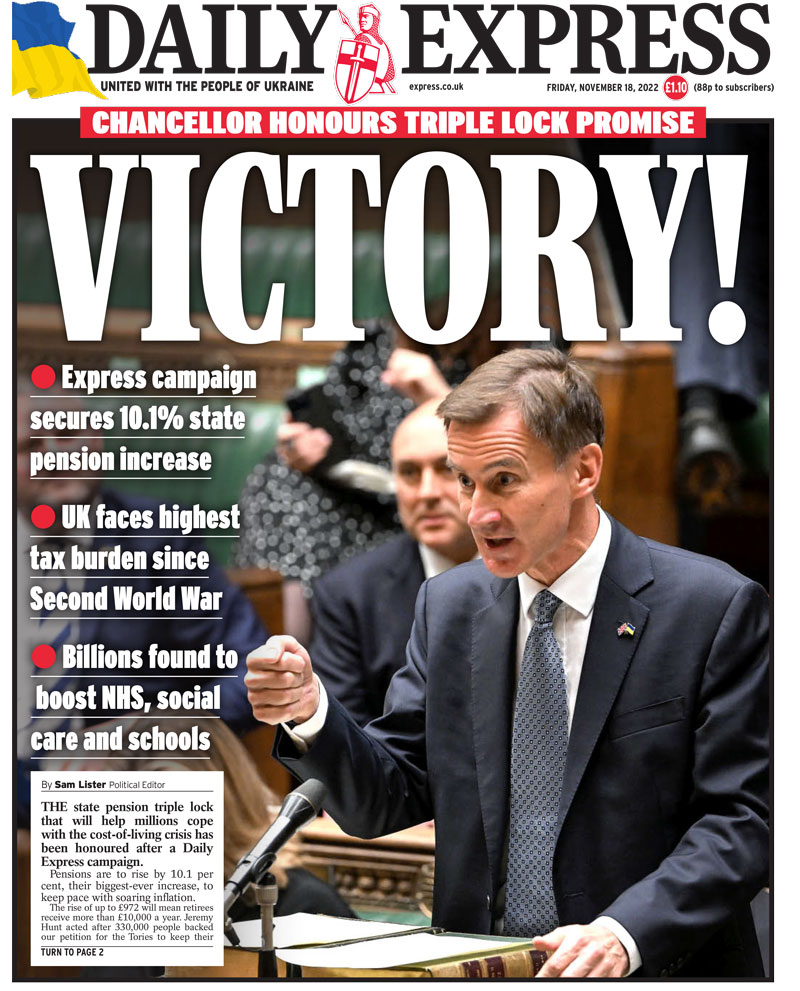 Daily Express - Chancellor honours triple lock promise: victory!