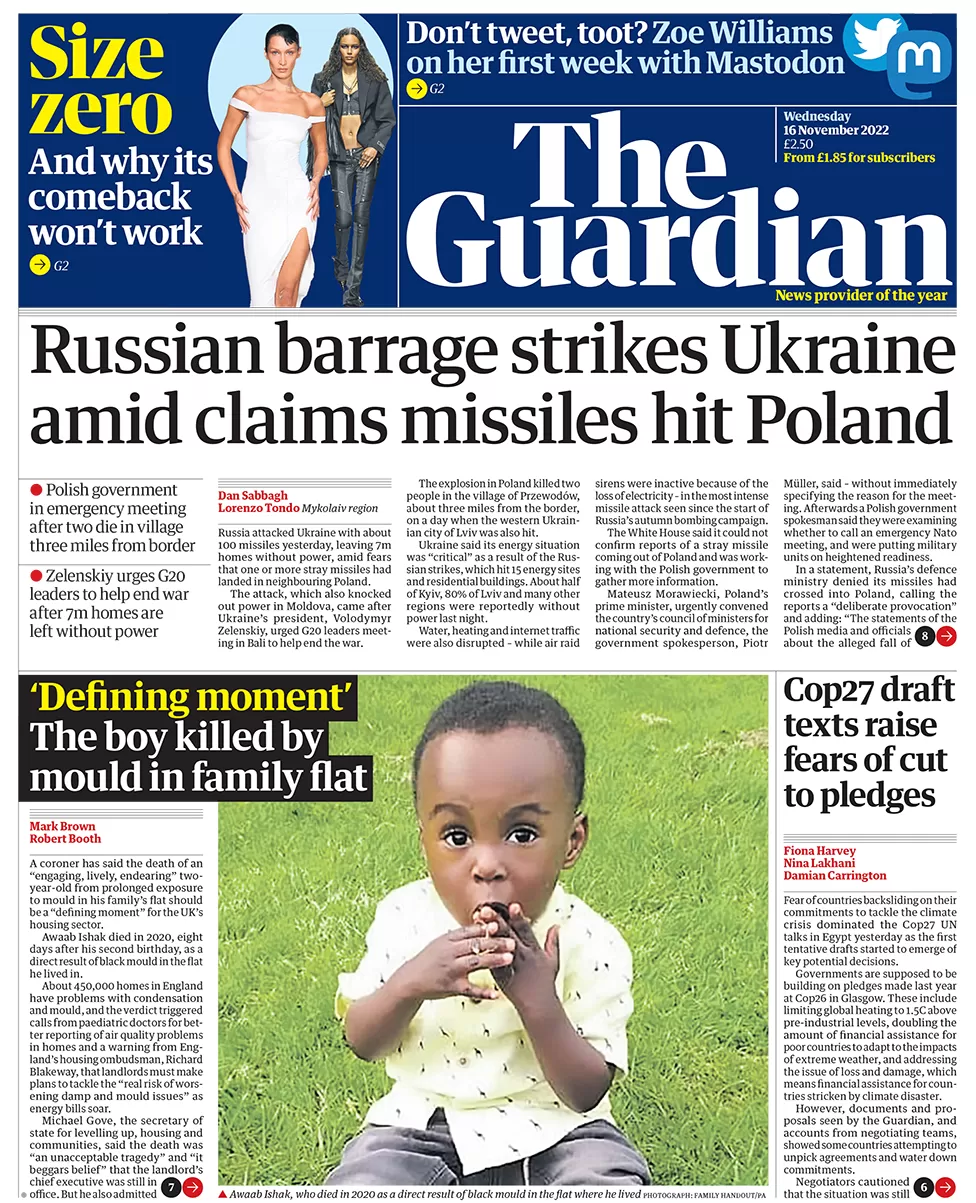 The Guardian - Russian barrage strikes Ukraine amid claims missiles hit Poland