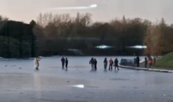 Spine-chilling video shows ten people gliding over frozen Liverpool lake