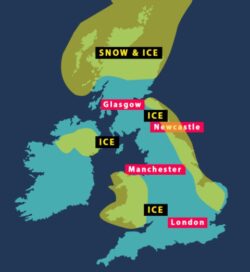 Map shows where snow and ice is hitting large parts of the UK in Arctic blast