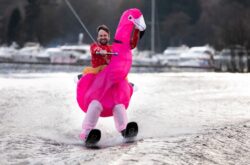 Giant flamingo, Santa and elves get on waterskis to support brain tumour dad