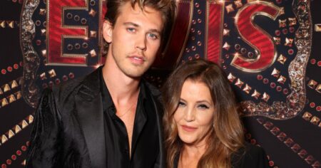 Elvis star Austin Butler and girlfriend Kaia Gerber sit second row behind Presley family at Graceland memorial for Lisa Marie