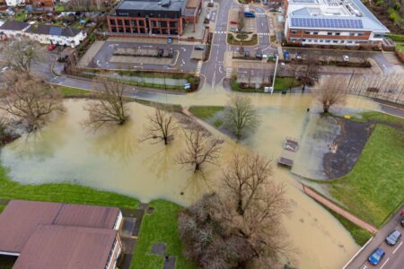 Shocking aerial video shows how flooding has transformed town