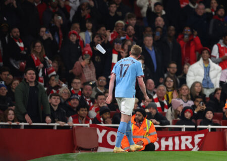 ‘Beer, anyone?’ – Kevin de Bruyne mocks Arsenal fans after being pelted by plastic bottles and glasses following Man City win