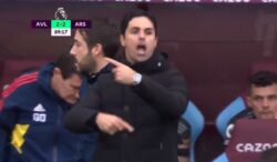 Mikel Arteta mocks referee Simon Hooper during Arsenal’s win over Aston Villa