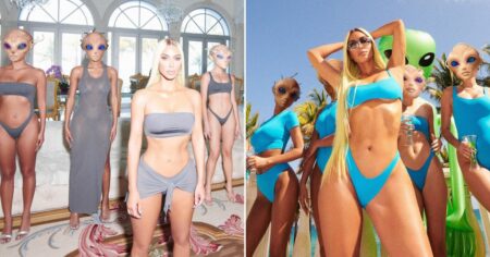 Kim Kardashian goes intergalactic with alien-themed Skims swimwear campaign and the memes write themselves