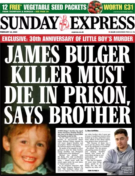 Sunday Express – James Bulger killer must die in prison, says brother 