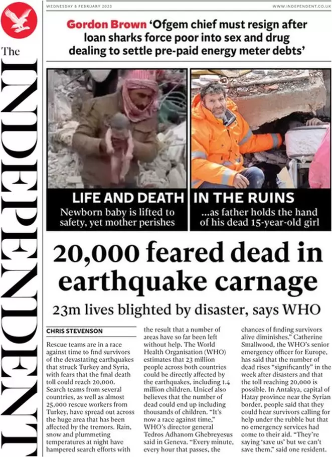 The Independent - 20,000 feared dead in earthquake carnage
