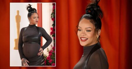 Rihanna proudly shows off growing baby bump in cut-out leather dress ahead at Oscars 2023 ahead of performance