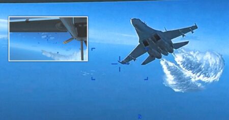 Moment Russian jet dumps fuel close to downed US drone released by Pentagon