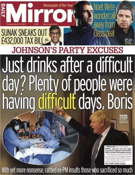 Daily Mirror – Just drinks after a difficult day? Plenty of people were having difficult days, Boris