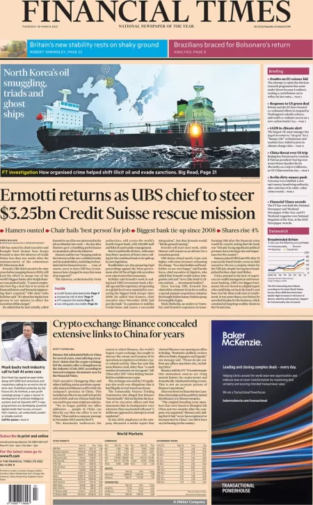 Financial Times – Ermotti returns as UBS chief to steer .25bn Credit Suisse rescue mission 