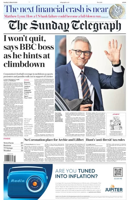 The Sunday Telegraph  – I won’t quit, says BBC boss as he hints at climbdown 