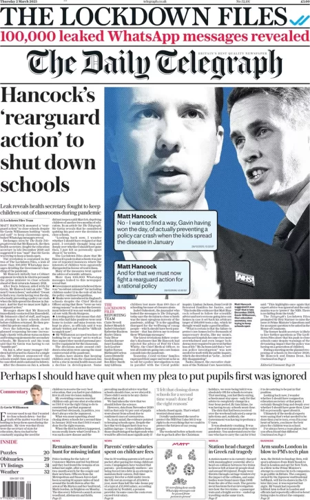 The Daily Telegraph – Hancock’s rearguard action to shut down schools 