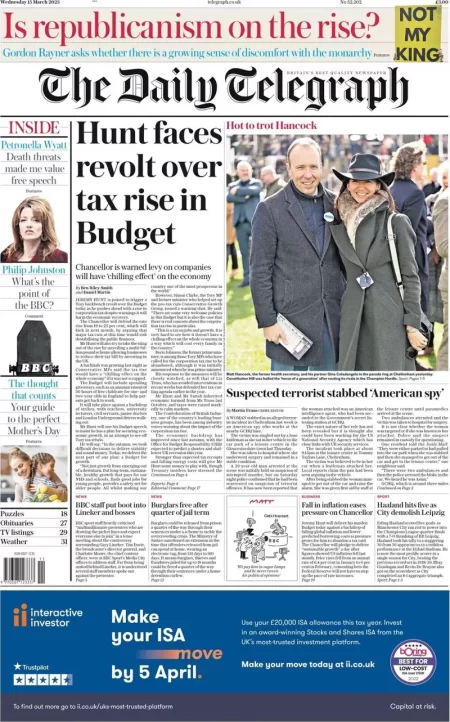 The Daily Telegraph – Hunt faces revolt over tax rise in Budget 