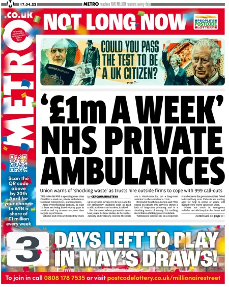 Metro – NHS private ambulance cost £1m a week 