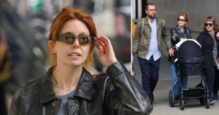 New mum Stacey Dooley serves Terminator chic in leather jacket and glasses as she pushes pram in London