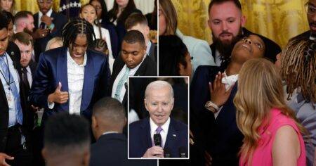 Moment women’s basketball player faints during Joe Biden’s speech