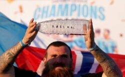 Manchester City fan mocks Arsenal during Premier League title celebrations outside Etihad Stadium