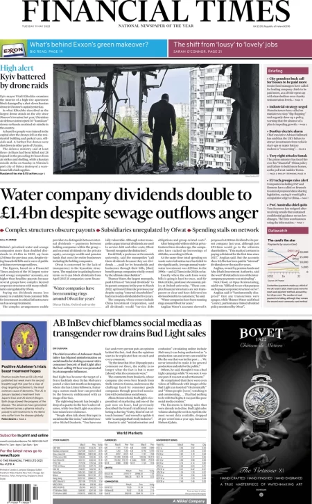 Financial Times – Water company dividends double to £1.4bn despite sewage outflows anger 