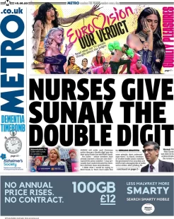 Metro – Nurses give Sunak the double digit 