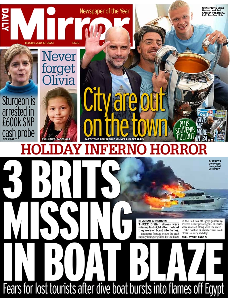 Daily Mirror - 3 Brits missing in boat blaze