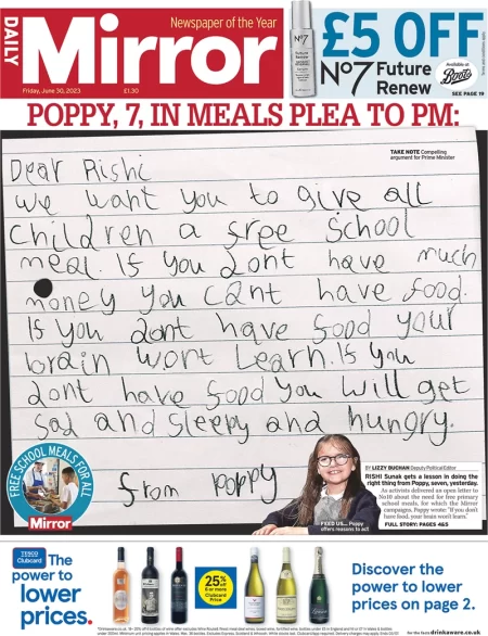 Daily Mirror – Meals plea to PM 