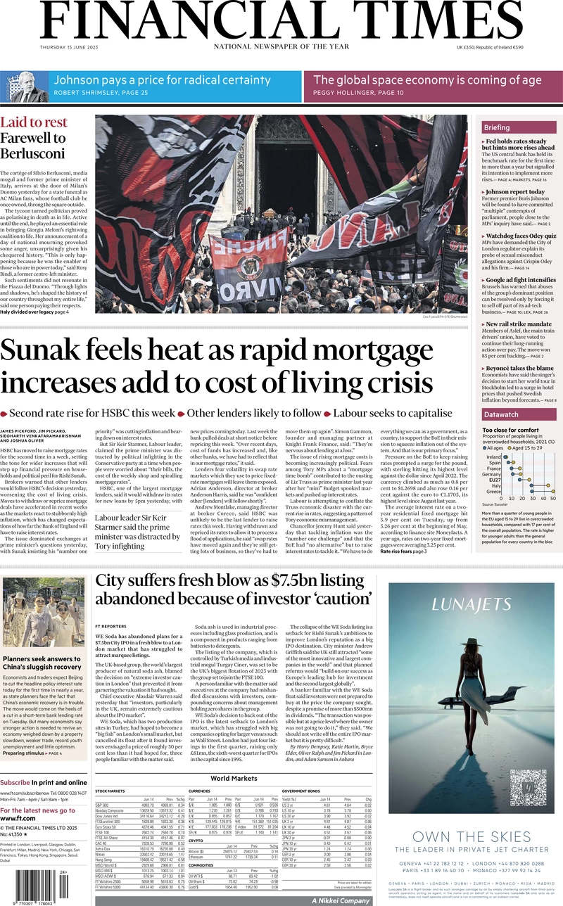 Financial Times - Sunak feels heat as rapid mortgage increases add to cost of living crisis 