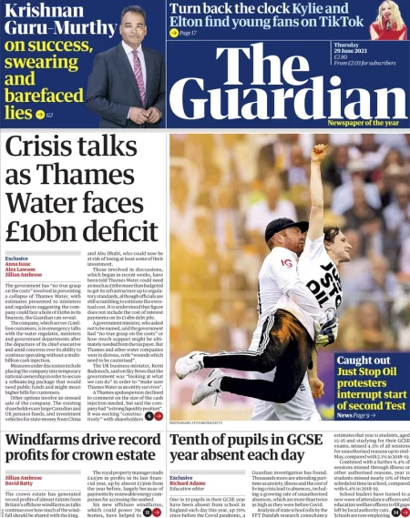 The Guardian – Crisis talks as Thames Water faces £10bn deficit 