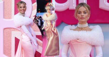 Margot Robbie transforms into real-life Barbie in classic 1960s gown for star-studded London premiere