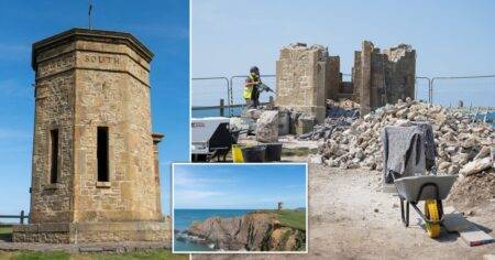 Tower being moved brick-by-brick to new location before it can fall into the sea