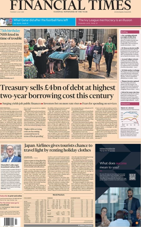 Financial Times – Treasury sells £4bn of debt at highest two-year borrowing cost this century 