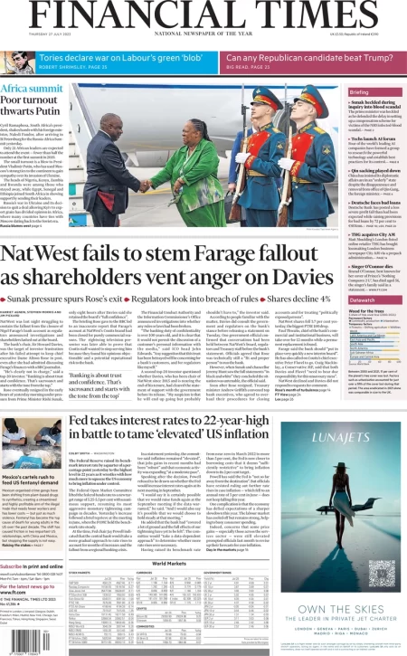 Financial Times – NatWest fails to stem Farage fallout as shareholders vent anger on Davies