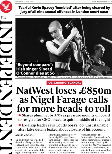 The Independent – NatWest loses £850m as Nigel Farage calls for more heads to roll 