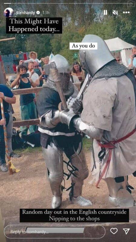 Tom Hardy hilariously stumbles upon a medieval fight while in the countryside and immediately joins in