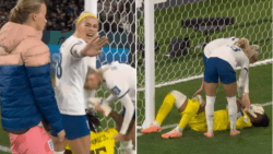 England players console distraught Nigeria goalkeeper and block cameraman from filming her