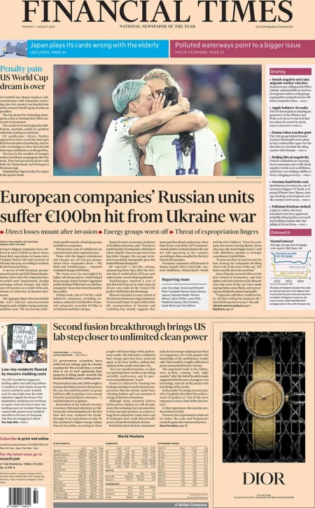 Financial Times – European companies’ Russian units suffer E100bn hit from Ukraine war 