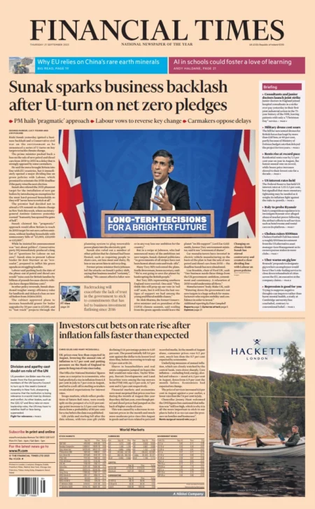 Financial Times – Sunak sparks business backlash after U-turn on net zero pledges 