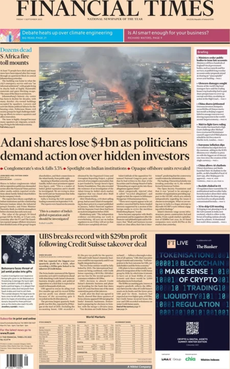 Financial Times – Adani shares lose bn as politicians demand action over hidden investors 