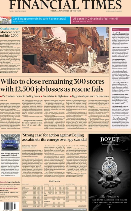 Financial Times – Wilko to close remaining 300 stores with 12,500 job losses as rescue mission fails 